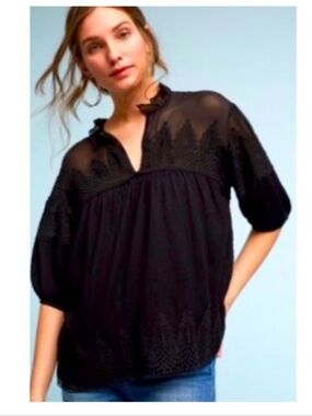 Maeve Giulia Black Lace Yoke Peasant Blouse Sz S Spring Boho Shirt Festival West